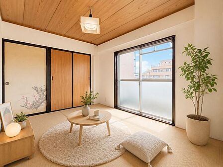 バルコニーへ出入りのすることが出来るお部屋です。お部屋の中には南向きの窓から暖かな光と風が入り込む素敵な空間になります。※実際の写真に家具や調度品をCG合成したものです。