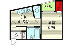玉造クローバーハイツ 1DKの間取図画像