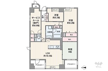 間取りは専有面積98.22平米の3SLDK。ルーフバルコニー付きのプラン。バルコニー面積は9.67平米です。