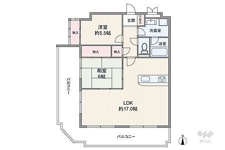 間取りは専有面積65.70.平米の2.LDK。バルコニー面積は16.42平米です。