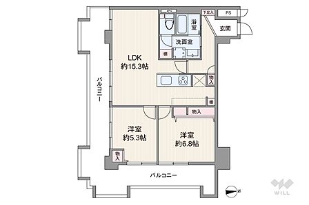 間取りは専有面積63.1平米の2LDK。LDK約15.3帖のプラン。複数方向に採光部があり、バルコニー面積は29.72平米です。