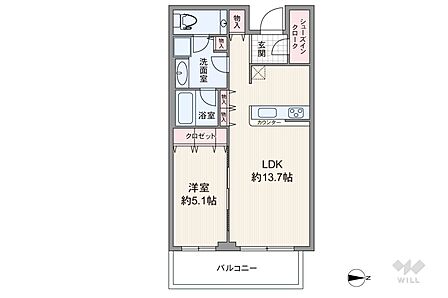 間取りは専有面積48.15平米の1LDK。LDK約13.7帖の縦長リビングのプラン。バルコニー面積は8.85平米です。
