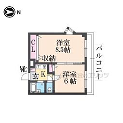 近鉄奈良線 瓢箪山駅 徒歩7分の賃貸マンション 3階2Kの間取り