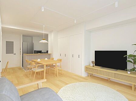 リノベーション完成イメージパースになります。リビングをスッキリした状態で過ごせるよう、大容量の収納をご用意します!片付ける場所がないから汚くなるだけ。ならば初めから考えて作ってしまえば!と。