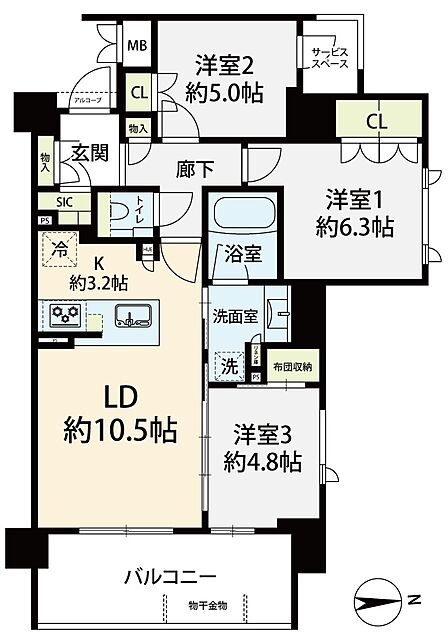 3LDK 70.25m2(壁芯)