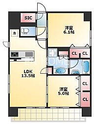 プレサンス四天王寺 2LDKの間取図画像