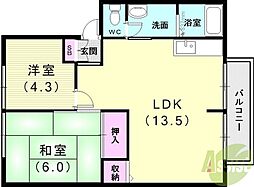 サンビレッジ竹内B棟 2LDKの間取図画像