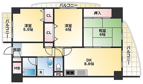 大阪府大阪市平野区長吉六反3丁目(賃貸マンション3DK・6階・62.50㎡)の写真 その2