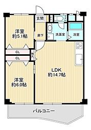 若江岩田パークマンションB棟 2LDKの間取図画像