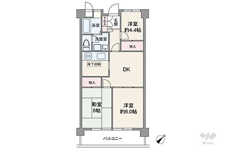 間取りは専有面積53.56平米の3DK。DKが中央に配置されたプラン。DKと続き間の洋室は引き戸を開放してリビング代わりに使うことも出来ます。バルコニー面積は7.56平米です。
