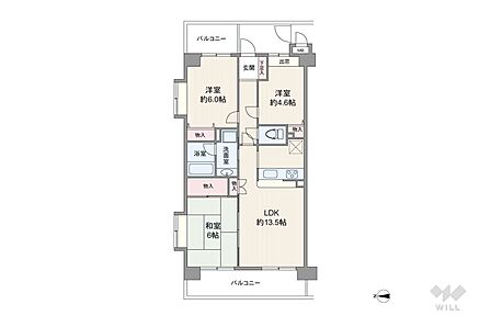 間取りは専有面積63平米の3LDK。LDK約12.5帖の縦長リビングのプラン。複数方向に採光部があり、バルコニー面積は12.7平米です。