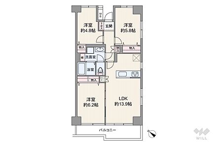 間取りは専有面積66.83平米の3LDK。LDK約13.9帖の縦長リビングのプラン。バルコニー面積は8.25平米です。