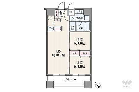 間取りは専有面積51.04平米の2LDK。LDKから個室に出入りするプラン。室内廊下部分が少なく、居室スペースを広く確保できるメリットがあります。水回りは玄関側に集約。各個室に収納が設けられています。