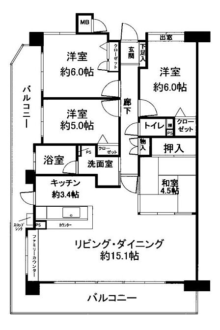 4LDKの角部屋で、部屋の周囲はぐるりとバルコニーでかこまれています。