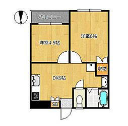 小田急小田原線 下北沢駅 徒歩13分の賃貸マンション 2階2DKの間取り