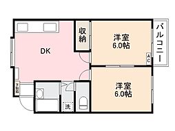 岡ノ城ハイツ2 2DKの間取図画像