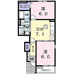 ライジングサン 1階2DKの間取り