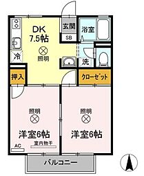 プレジール矢杉 2DKの間取図画像