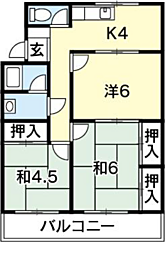 山田マンション東棟 3Kの間取図画像