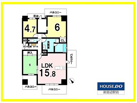本物件は略図のため図面と異なる場合は現況優先となります。LDKは15.8帖、2つの洋室と1つの和室です。