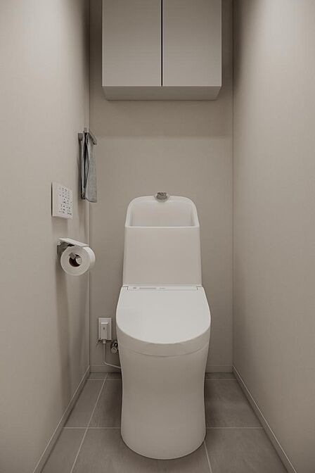 トイレは清潔感のあるホワイトで統一。ペーパーホルダーなどの金具が、さりげない上質さを添えています。※CGイメージ