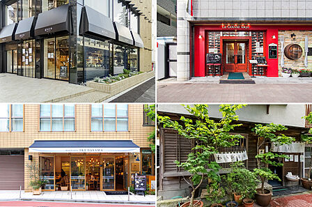 左上・「gicca(ジッカ)池田山」。右上・イタリアンレストラン「La Goccia Tokyo」。左下・「Bread&Coffee Ikedayama」。右下・「利庵(としあん)」。