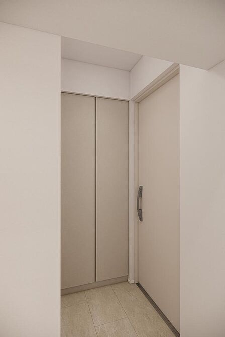 トールタイプのシューズボックスのほかにも、廊下には扉付きの可動棚を設置。※CGイメージ