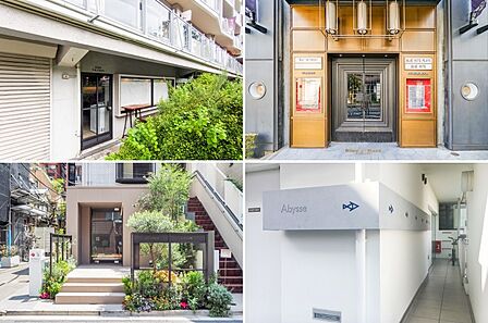 左上・カフェ。「DOWN THE STAIRS(ダウン ザ ステアーズ)」。右上・名門ジャズ・クラブ「BLUE NOTE TOKYO」。左下・パティスリー「UN GRAIN 」。右下・「根津美術館」。