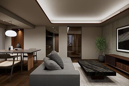 廊下とLDKの間には、ブラウンガラスの建具を採用。光と視線がゆるやかにつながり、住まいの奥まで開放感をもたらしてくれます。※CGイメージ