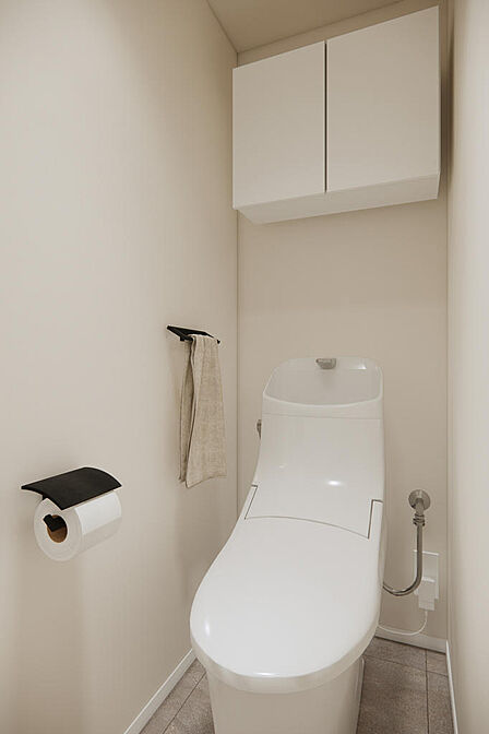トイレは廊下からアクセスする間取り。上部には棚を設けています。※完成イメージ