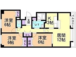 ウエストヒルコート2 3LDKの間取図画像