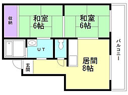 中の島三和ハイツ 2DKの間取図画像