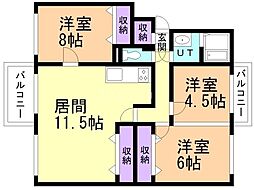柏丘団地BB-3号棟 3LDKの間取図画像