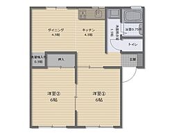 野谷アパートB 2LDKの間取図画像
