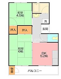 平塚田村12号棟 3階2DKの間取り