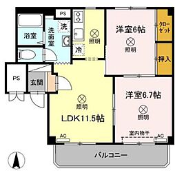 グランデュール高柳A棟 2LDKの間取図画像
