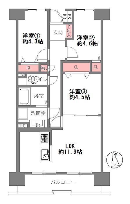 専有面積は約60.6m2の3LDKタイプ、11階部分南向き陽当たり良好の間取りです。