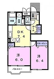 ミニヨンフルールB 2DKの間取図画像