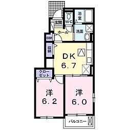 ガーデンヒルズ・ララA 2DKの間取図画像