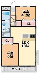 メゾンハイツ西山 2LDKの間取図画像