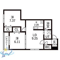 ハピネス八軒 2LDKの間取図画像