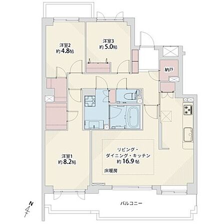 3LDK+納戸+2W、専有面積85.12?、バルコニー14.98?、室外機置場2.66?