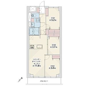 間取り:3LDK、専有面積60.50平米、バルコニー6.42平米、室内リノベーション実施 間取り:3LDK、専有面積60.50平米、バルコニー6.42平米、室内リノベーション実施