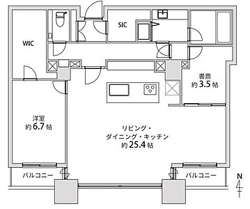間取り:1LDK+S(書斎)+WIC+SIC、専有面積96.71?、バルコニー面積7.80? 間取り:1LDK+S(書斎)+WIC+SIC、専有面積96.71?、バルコニー面積7.80?