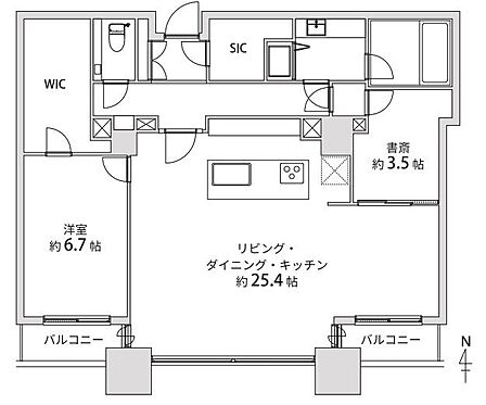 1LDK+S(書斎)+WIC+SIC、専有面積96.71?、バルコニー面積7.80?