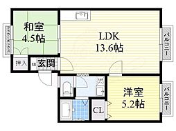 高井ハイツB棟 2LDKの間取図画像