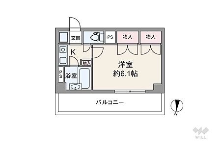 間取りは専有面積24.13平米の1K。バルコニー面積は8.29平米です。