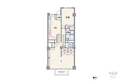 間取り：間取りは専有面積65.53平米の1LDK。各部屋がフロア毎に分けられたメゾネットのプラン。リビングは採光面の広い連窓サッシを採用。カップボードや壁面収納など収納が充実しているのもポイントです。