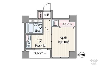 間取り：間取りは専有面積22.26平米の1K。バルコニー面積は2平米（概算）です。