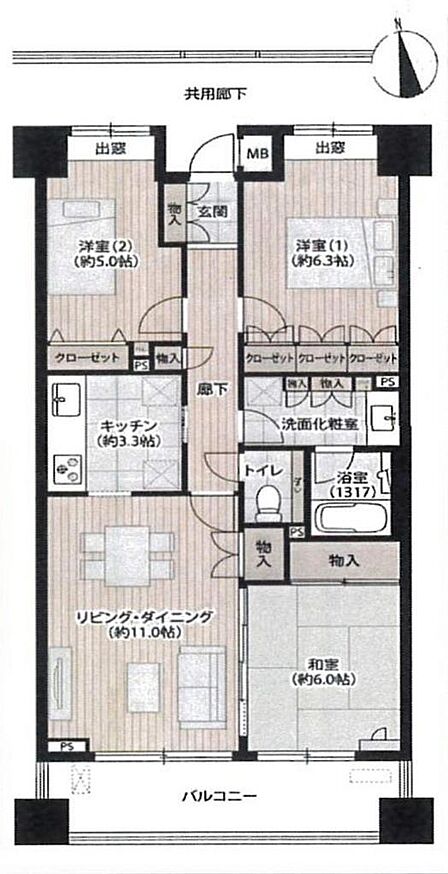 リビングを中心に、使い勝手の良い洋室と、落ち着きのある和室をバランスよく配置した3LDKです。